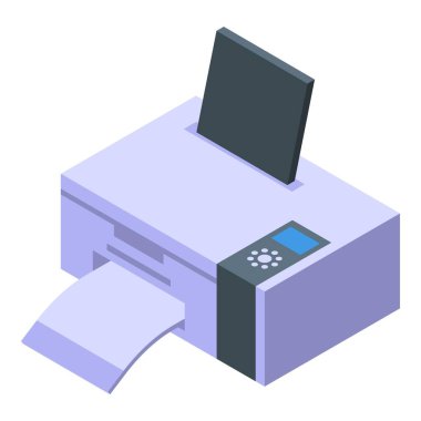 İş yeri teknolojisi için yüksek çözünürlüklü vektör grafik tasarımı olan modern izometrik ofis yazıcı çizimi. Yazdırma ekipmanı