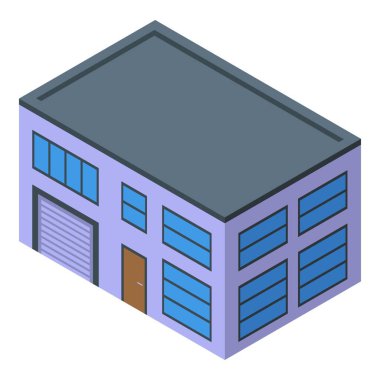 Şehir manzarasında gayrimenkul ve işi temsil eden, düz çatılı modern bir ticari binanın ayrıntılı ve renkli izometrik vektör çizimi