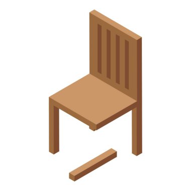 Ayrıntılı, gerçekçi, kırık bacaklı, onarılması ve onarılması gereken tahta bir sandalyenin Isometric 3D çizimi