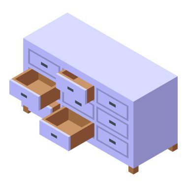 İzometrik ofis dolabının birkaç çekmecesi açık, beyaz üzerine izole edilmiş vektör illüstrasyonu