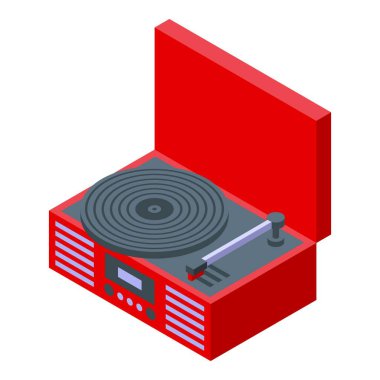 Müzik ve ses temaları için kırmızı bir döner tablonun modern izometrik vektör tasarımı