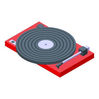 Kırmızı ve gri modern tasarımlı Isometric turntable vektör çizimi. 3 boyutlu izometri ile vinil plak çalar. Müzik için mükemmel. DJ 'lik. Eğlence. Ve retrotemalı grafik çizimleri