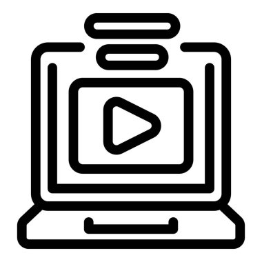 Ekranda bir çalma düğmesi gösteren bir dizüstü bilgisayarın siyah ve beyaz simgesi, video içeriğini simgeliyor