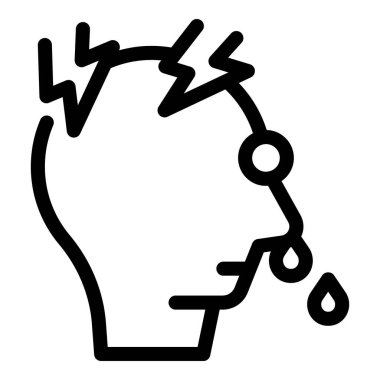 Stres çizgileri ve ter damlalarıyla baş gösteren doğrusal bir simge, baş ağrısını veya anksiyeteyi sembolize eder