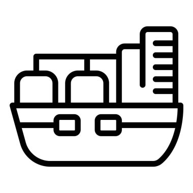 Doğrusal sanat tarzında basit siyah beyaz kargo gemisi ikonu çizimi. Nakliye için mükemmel. Deniz taşımacılığı. Taşıyıcı. Yük. Lojistik. Denizcilik. Okyanus. Deniz. Vektör. İhraç. İthal. Takas