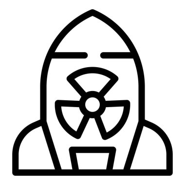 Siyah beyaz çizgi çizim tarzında karikatür nükleer roket ikonu. Radyoaktif enerji ve füze ateşlemesinin tehlikesini ve yeniliğini temsil ediyor.