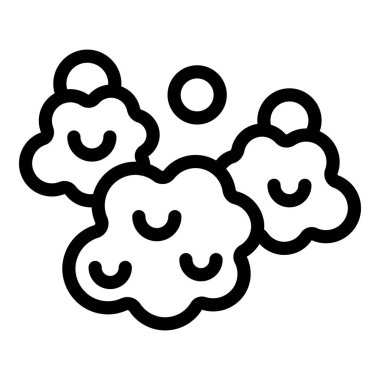 Minimalist çizgiler, siyah ve beyaz renkli, neşeli bir güneşle tüylü bulutları tasvir eder.