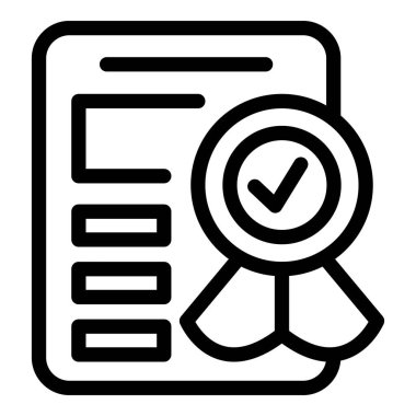 Onaylanmış bir belgeyi kurdele ve işaret ile temsil eden siyah beyaz çizgi resim simgesi