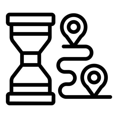 Black line art of an hourglass with a path and location pins, symbolizing time and journey clipart