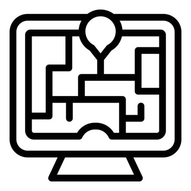 Harita ve konum şifresi ile bilgisayar ekranını gösteren basit bir siyah beyaz simge