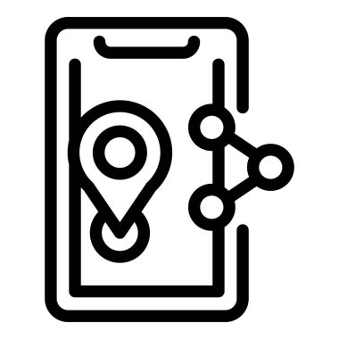 Bir dijital teknoloji arayüzü ekranında yer, harita, GPS, rota ve akıllı telefon için siyah ve beyaz ana hat sembollü mobil navigasyon uygulama simgesi tasviri