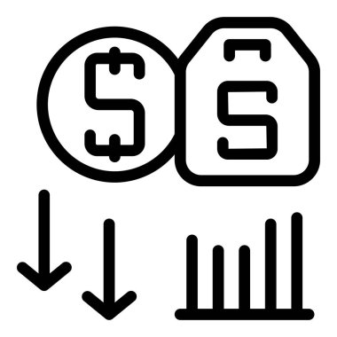 Döviz devalüasyonunu, düşen hisse senetlerini ve pazar veri analizini tasvir eden siyah beyaz çizgi simgeleri