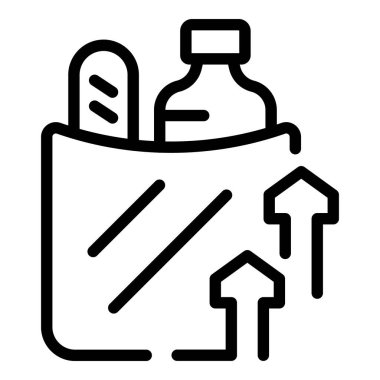 Ekmek, su şişesi ve yön oklarıyla bir alışveriş poşeti tasvir eden siyah beyaz simge