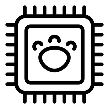 Black and white line drawing of a cheerful microchip character, suitable for technology themes clipart