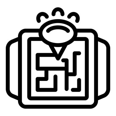 Merkezinde lokasyon iğnesi olan karmaşık bir labirentin siyah çizgi sanatı, problem çözme ve seyrüsefer sembolleri