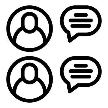 Kullanıcı avatarları ve sohbet baloncukları içeren siyah ve beyaz vektör simgesi kümesi