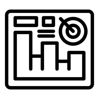 İş analitiğinin önemli yönlerini gösteren basit bir çizgi simgesi, bir bar çizelgesi ve hedef tahtası da dahil.