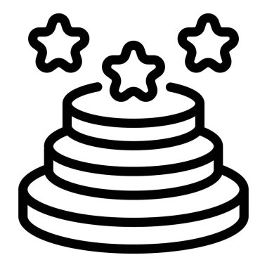 Üzerinde yıldız süslemeleri olan üç katlı bir pastanın siyah beyaz çizgisi çizimi