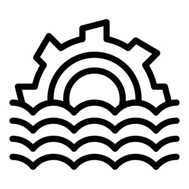 Okyanus dalgaları ve çark desenli soyut siyah beyaz gün doğumu vites amblemi çizimi, denizcilik endüstrisinde yenilikçi ve sürdürülebilir mühendislik ve teknolojiyi temsil ediyor.