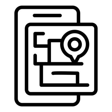 Siyah beyaz basit tasarım, işaret ve harita pin sembolüne sahip modern akıllı telefon gezinme uygulaması simgesi beyaz arkaplanda izole edilmiş mobil aygıt ekran vektör çizimi üzerinde GPS konum haritalama için