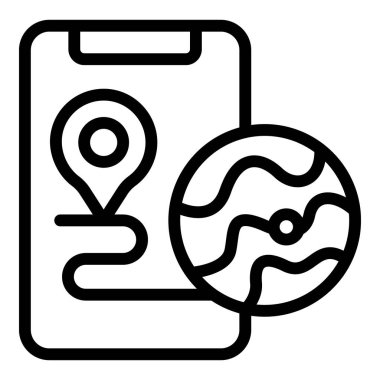 Yer imleyici ve küreye sahip bir panonun çizgi resim simgesi, seyahat planlamasını simgeliyor