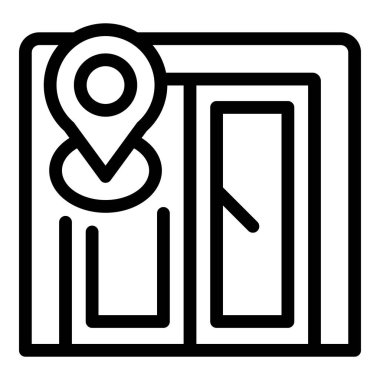 Black and white vector illustration of a map with a location pin and door, signifying entrance or destination clipart