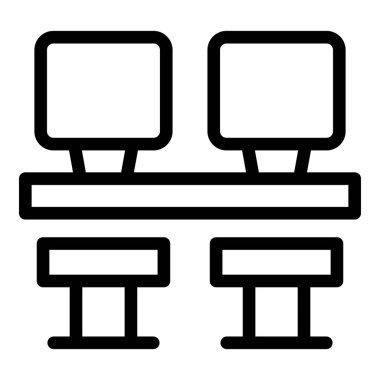 Profesyonel ofis ortamı için siyah ve beyaz minimalist tasarıma sahip modern ikili bilgisayar çalışma istasyonları simgesi, ergonomik sandalyeler, çift monitörler ve organize çalışma alanı