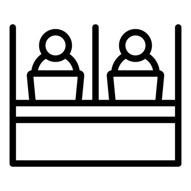 Basitleştirilmiş siyah-beyaz simgesi iki kişiyi iş yerlerinde ileri dönük olarak tasvir ediyor