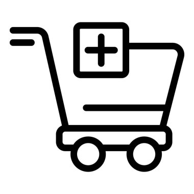 Sağlık sembolünü temsil eden ecommerce eczane hizmetleri vektör ilüstrasyonu aracılığıyla çevrimiçi sağlık malzemeleri satın almak için basit ve minimalist siyah-beyaz tıbbi alışveriş arabası simgesi