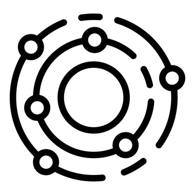 Minimalist siyah-beyaz doğrusal tasarıma sahip fütüristik soyut dairesel teknoloji simgesi, temiz ve izole bir arkaplanda modern dijital yeniliği ve bağlantıyı sembolize ediyor