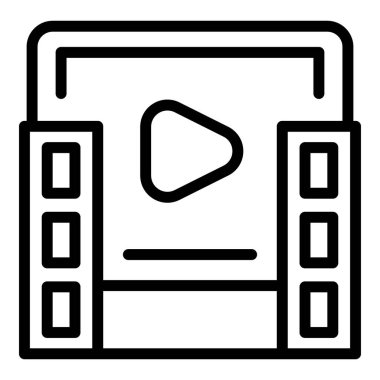 Çevrimiçi video içeriğini temsil eden, bir film çerçevesi içinde bir çalma düğmesi sembolünün siyah ve beyaz çizgi sanatı