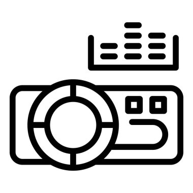 Multimedya, sinema, film, film, film ve eğlence teknolojisi için basit, minimalist çizgi sanat vektör tasarımında siyah ve beyaz projektör ikonu tasarımı