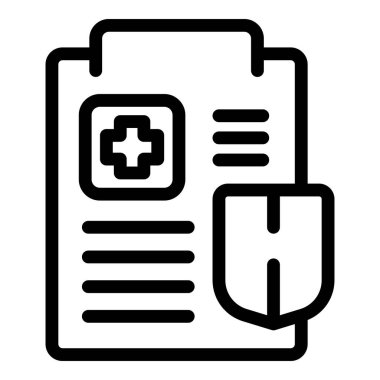 Sağlık belgesine sahip tıbbi pano simgesinin vektör grafik çizimi ve beyaz üzerine izole edilmiş basit çizgi sanat tasarımı hasta kayıtları