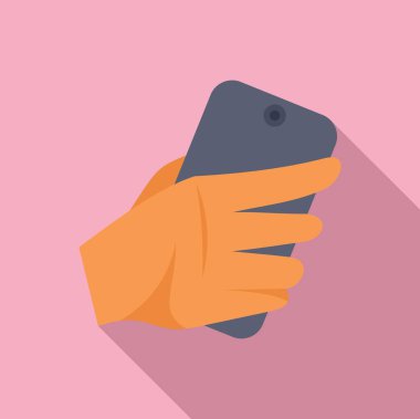 Eldiven takan, akıllı telefon tutan, uzun gölgeli basit düz bir dizayn.