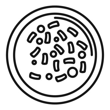 Bir bilim adamı tarafından biyoloji araştırması ve mikrobiyoloji deney analizi için laboratuvar petri kabında mikroskop altında bakterilerin siyah ve beyaz vektör çizimini kapat.