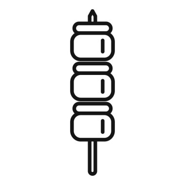 Lezzetli ve lezzetli ızgara marshmallow şiş ikonunun siyah ve beyaz vektör çizimi. Kamp ateşi, kamp ateşi, yaz atıştırması, açık hava pikniği ya da parti kutlaması için mükemmel.