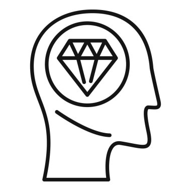 Kafanın içinde parlak elmas düşünme, yaratıcılık, yenilik ve zekanın beyaz arka planı ve siyah lüks tasarım illüstrasyonuyla değerli bir konsepti.