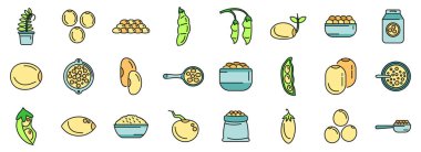 Mercimek simgeleri dış hat vektörünü ayarlar. Fasulye ekmeği. Mısır gevreği beyaz üzerinde ince çizgi rengi bırakır