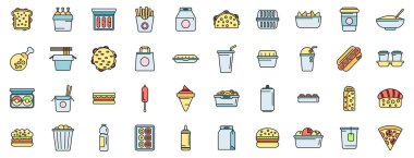 Yiyecek ve içecekleri kaldırın, ana vektörü belirleyin. Burger sineması. Sokak yemekleri ince çizgi beyazı düz