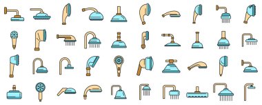 Shower heads icons set outline vector. Water bathroom. Falling hose thin line color flat on white clipart