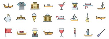 Gondolcu simgeleri dış hat vektörünü ayarlar. Venedik köprüsü. Tekne kanalı beyaz üzerinde ince çizgi rengi