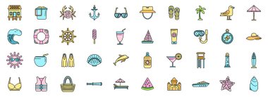 Deniz kenarındaki simgeler dış hat vektörünü ayarlar. Yaz denizi. Tatil adası ince çizgi beyazı düz