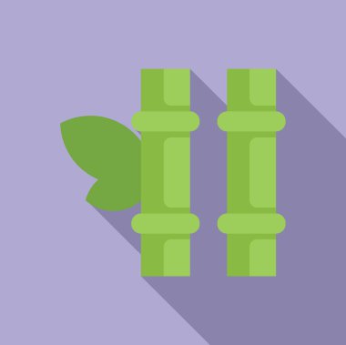 Mor zemin üzerinde tek bir yaprak bulunan yeşil bambu saplarının minimalist düz tasarımı