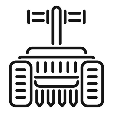 Modern teknoloji, uydu ikon vektör çizimi uzay iletişimi ve astronomi ve telekomünikasyonda küresel iletim için siyah ve beyaz doğrusal sanat tasarımı