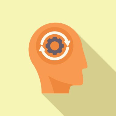 Flat design vector of a human head silhouette with a gear symbolizing thinking or mental process clipart