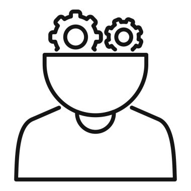 Çizgi resim simgesi beynin yerine dişlileri olan bir insanı temsil ediyor, düşünmeyi veya mekaniği sembolize ediyor.