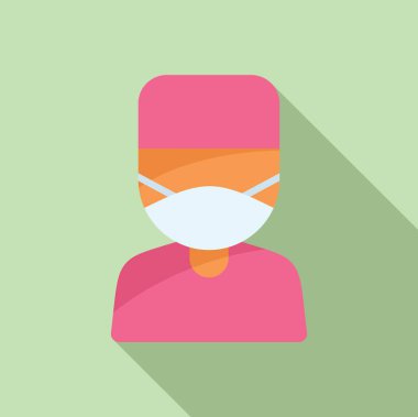 Modern düz tasarım ikonu. Koruyucu maskeli, pembe bluzlu bir şahıs.
