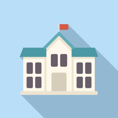 Uzun gölgeli, eğitici temalı bir çizgi film okulunun düz tasarım çizimi.