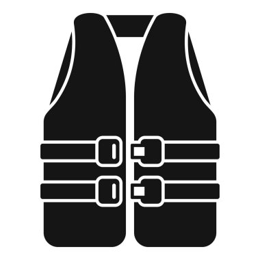 Beyaz arka planda izole edilmiş, güvenlik ekipmanlarını temsil eden siyah bir yelek simgesinin vektör çizimi