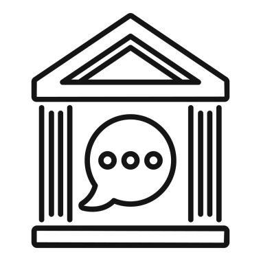 Adliye sarayının konuşma balonlu siyah çizgi vektör simgesi, hukuki tartışma veya tavsiyeyi temsil ediyor